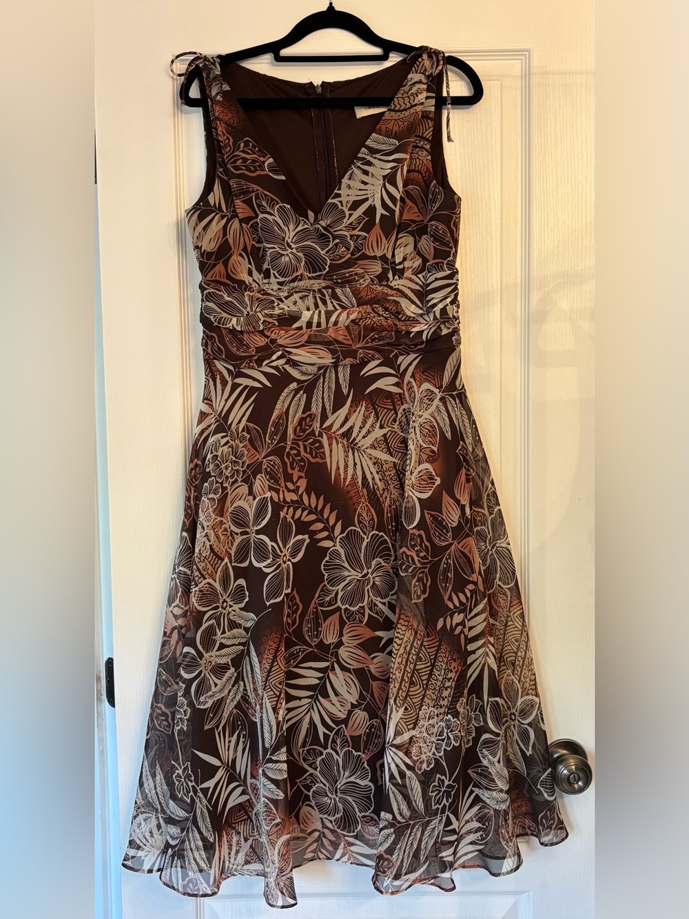 Floral Brown Midi Dress with Cream & Tan Leaf Print - Picture 6 of 6